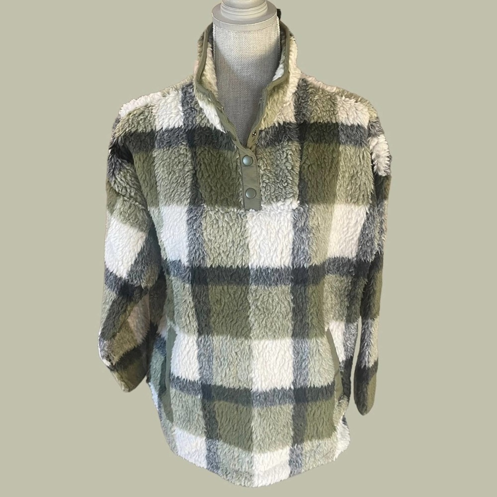 Madewell Resourced Sherpa Popover Tunic Jacket Plaid Green Fuzzy Jacket
